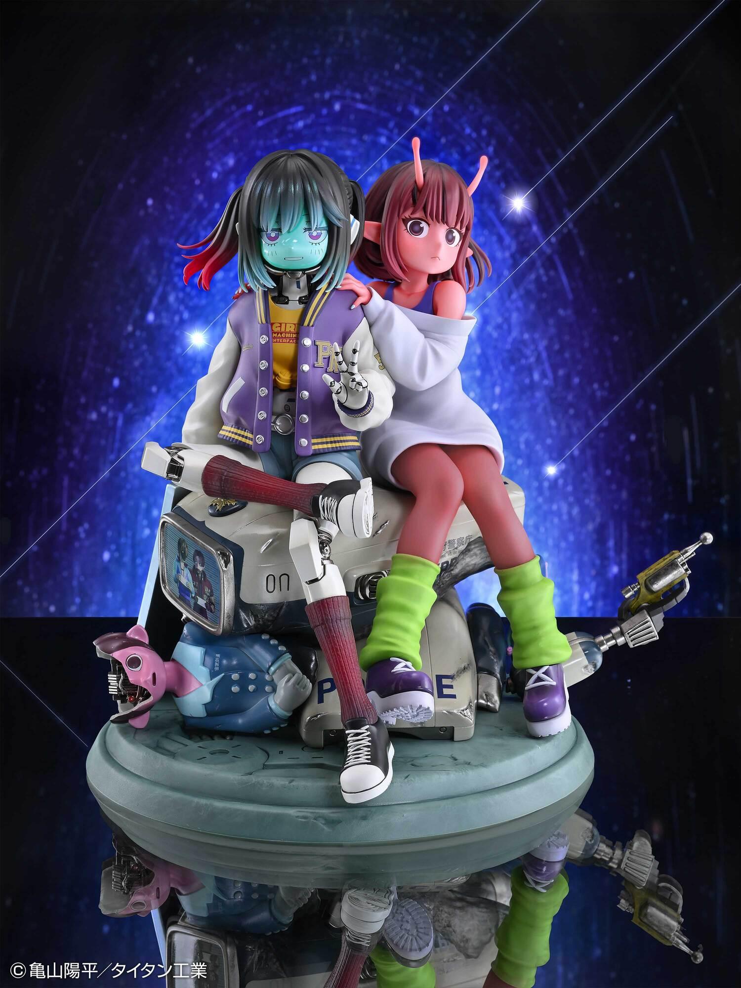 Promotional photo of the Chiharu and Makina figure set against a glowing starry outer space backdrop.