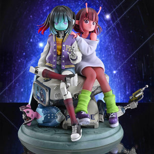 Promotional photo of the Chiharu and Makina figure set against a glowing starry outer space backdrop.