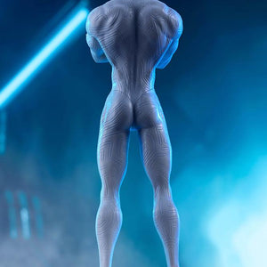 Back shot of Millions Knives figure floating against a glowing blue sci-fi backdrop