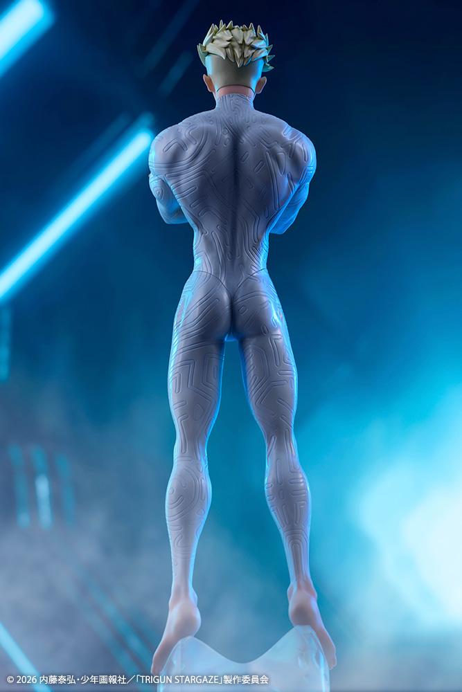 Back shot of Millions Knives figure floating against a glowing blue sci-fi backdrop