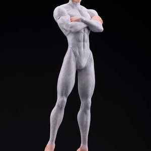 Three-quarter front angle view of Millions Knives Oshi Works figure showing bodysuit texture and blonde hair sculpt