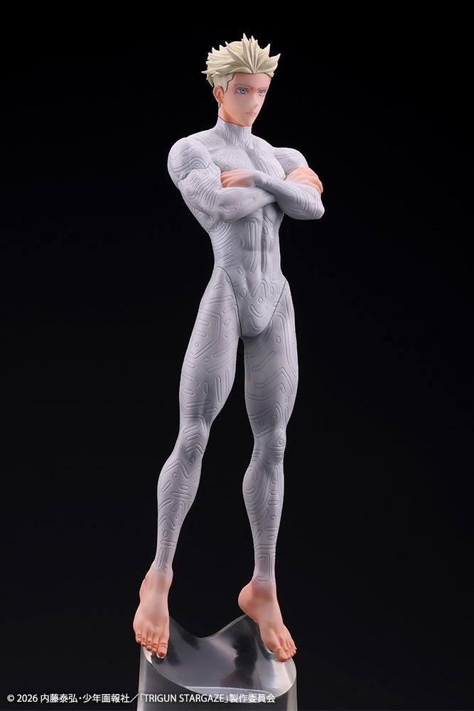 Three-quarter front angle view of Millions Knives Oshi Works figure showing bodysuit texture and blonde hair sculpt