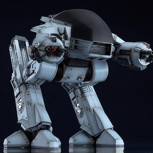 Side-profile of the ED-209 model kit showcasing the articulated leg joints, pistons, and slide rails for stable posing.