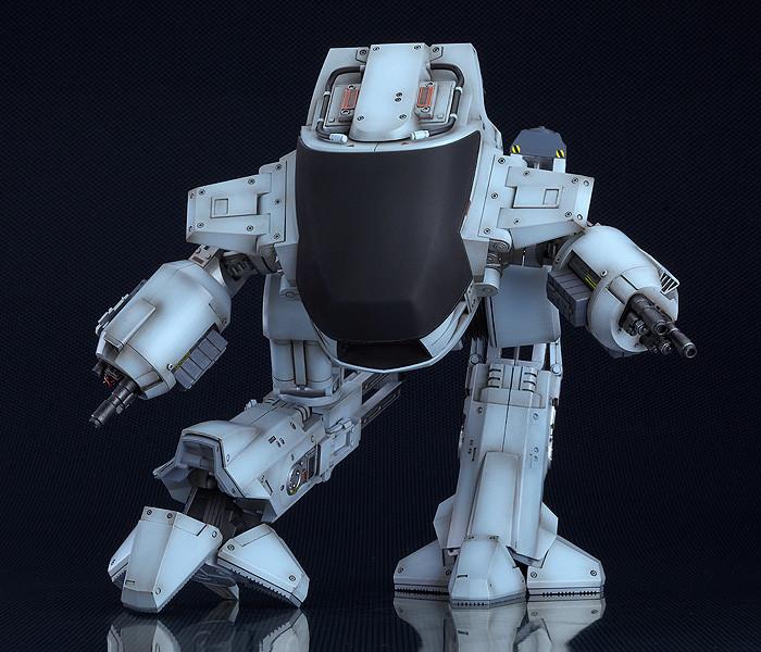 Full front-facing view of the ED-209 plastic model kit against a dark background, showcasing its wide combat stance.