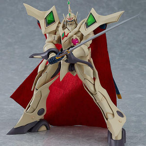 A low-angle action pose of the Escaflowne Guymelef model kit, highlighting the wide stance and detailed armor sculpting from the anime series.