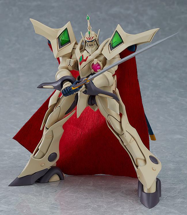 A low-angle action pose of the Escaflowne Guymelef model kit, highlighting the wide stance and detailed armor sculpting from the anime series.