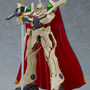 A side-angled view of the 5.51-inch Escaflowne model kit demonstrating its articulation by holding the sword accessory in both hands.