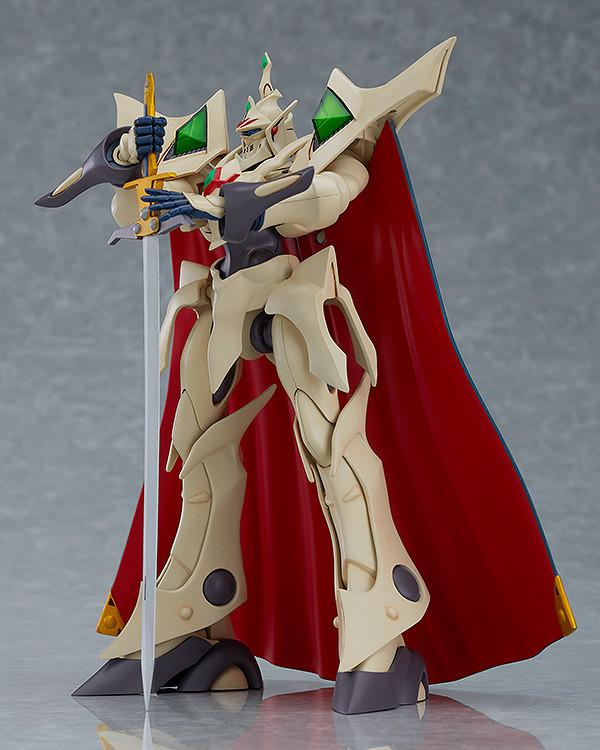 A side-angled view of the 5.51-inch Escaflowne model kit demonstrating its articulation by holding the sword accessory in both hands.
