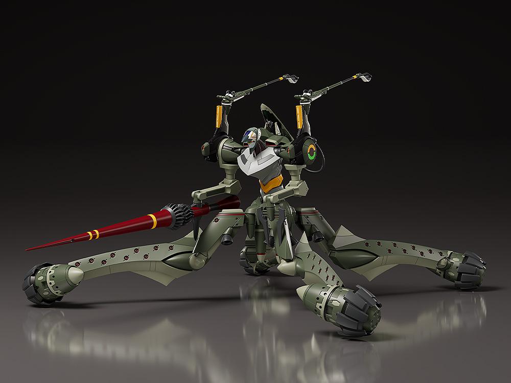 Front three-quarter studio shot of the Moderoid Evangelion Provisional Unit-05 model kit equipped with the Spear of Longinus lance on a dark reflective surface.