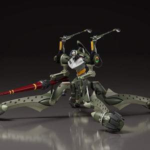 Front three-quarter studio shot of the Moderoid Evangelion Provisional Unit-05 model kit equipped with the Spear of Longinus lance on a dark reflective surface.