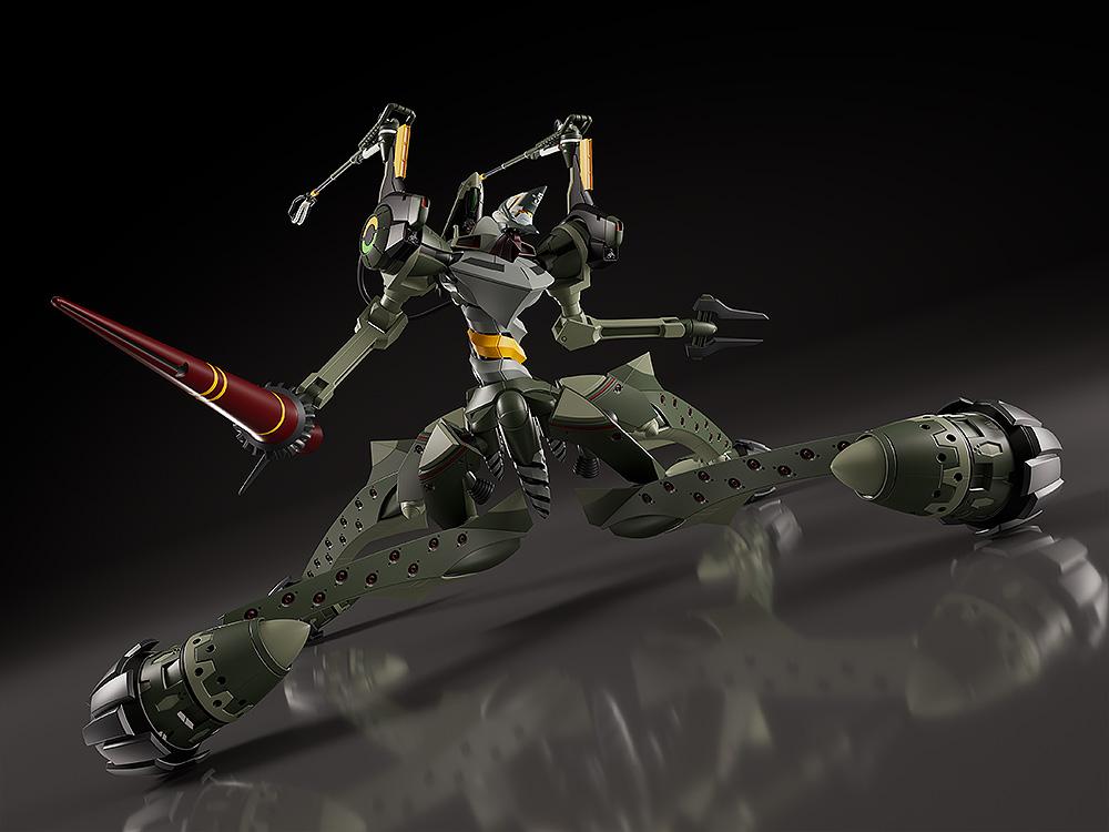 Low crawling action pose of the Moderoid Evangelion Provisional Unit-05 model kit demonstrating articulated leg joints and arm attachments.
