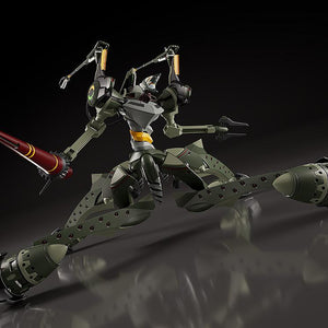 Low crawling action pose of the Moderoid Evangelion Provisional Unit-05 model kit demonstrating articulated leg joints and arm attachments.