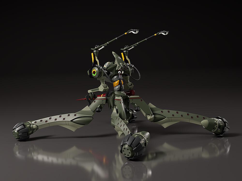 Rear three-quarter view of the Evangelion Provisional Unit-05 model kit showing back mechanical details, leg thrusters, and shoulder pantographs.