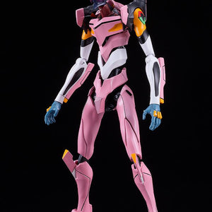 Full-body front standing portrait of the completed Rebuild of Evangelion MODEROID Evangelion Unit-08a mecha kit, displaying its unique pink, yellow, and black color scheme against a solid black backdrop.