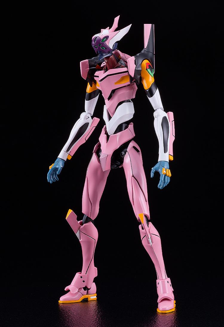 Full-body front standing portrait of the completed Rebuild of Evangelion MODEROID Evangelion Unit-08a mecha kit, displaying its unique pink, yellow, and black color scheme against a solid black backdrop.