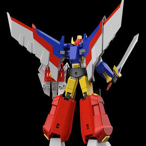 Rear view of the combined MODEROID Ganbaruger model kit highlighting the large white, red, and blue wing structures and back armor paneling.