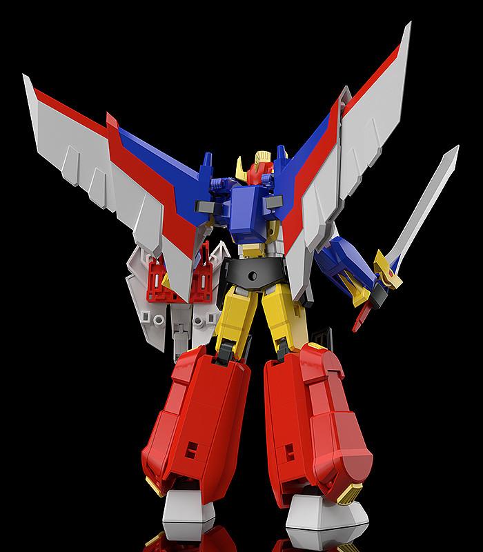 Rear view of the combined MODEROID Ganbaruger model kit highlighting the large white, red, and blue wing structures and back armor paneling.