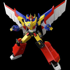 Flying dynamic combat pose of the combined MODEROID Ganbaruger robot model kit with wings extended.