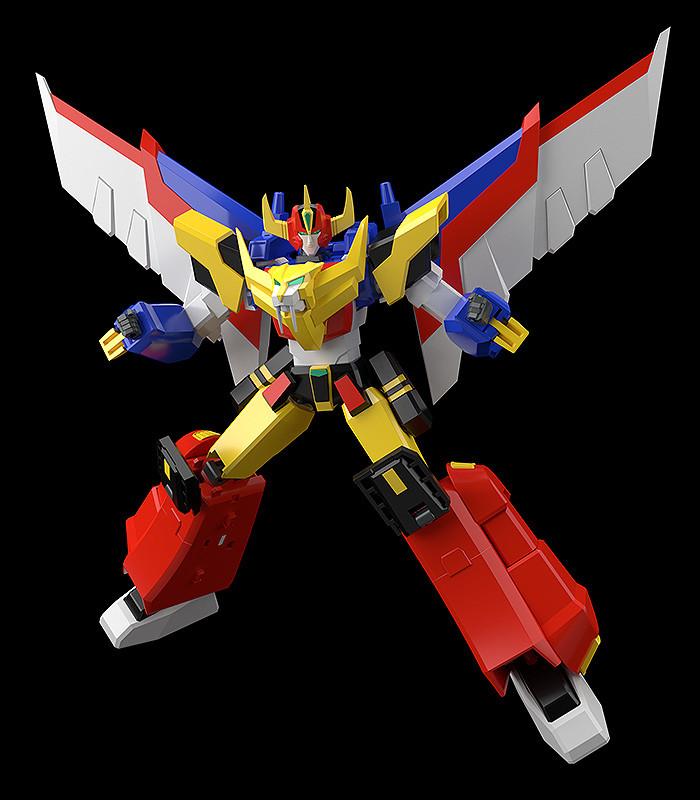 Flying dynamic combat pose of the combined MODEROID Ganbaruger robot model kit with wings extended.