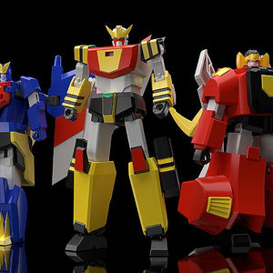 Group shot of the three individual mechas (Go Tiger, Mach Eagle, and King Elephant) in their humanoid Fighter Modes standing together.