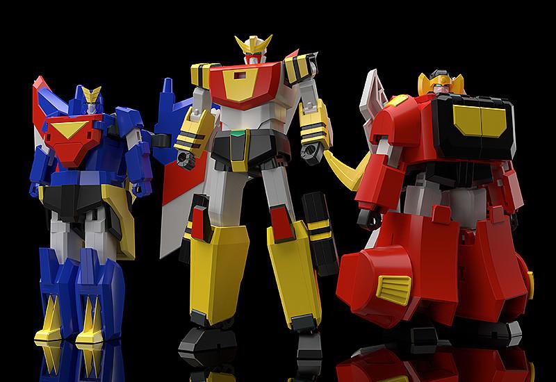 Group shot of the three individual mechas (Go Tiger, Mach Eagle, and King Elephant) in their humanoid Fighter Modes standing together.