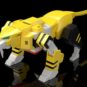 The Go Tiger mecha from the MODEROID Ganbaruger plastic model kit transformed into its robotic yellow saber-toothed tiger Animal Mode.