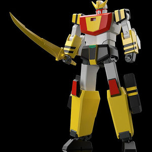 Humanoid Fighter Mode of the Go Tiger robot from the MODEROID Ganbaruger kit holding a golden sword accessory.