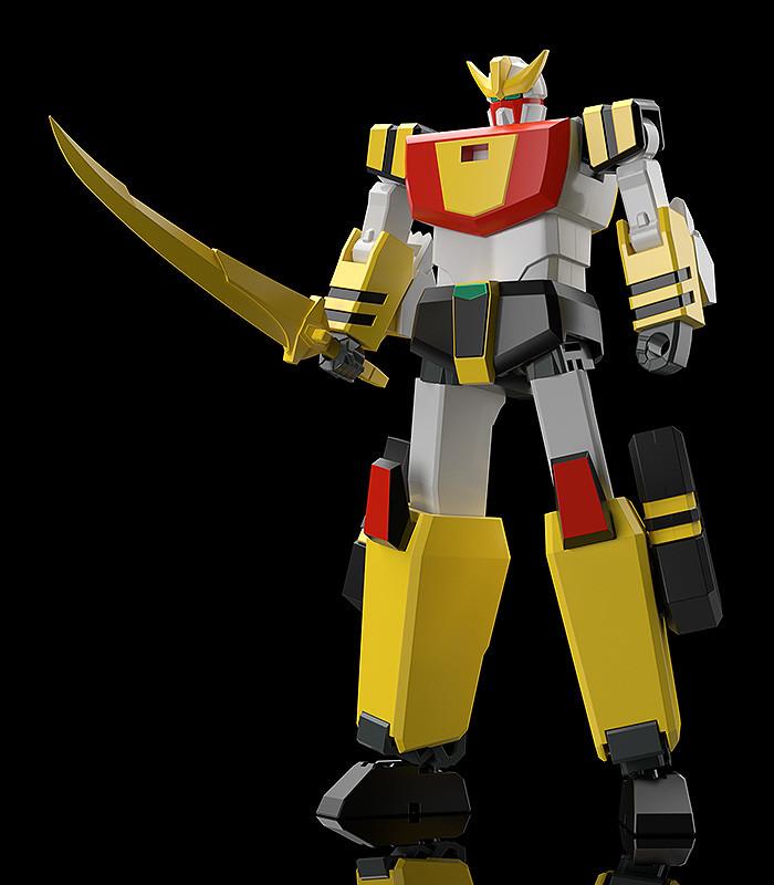 Humanoid Fighter Mode of the Go Tiger robot from the MODEROID Ganbaruger kit holding a golden sword accessory.