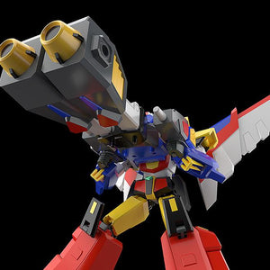 Low-angle action shot showcasing the separately sold MODEROID Ganbaruger combining with Revolger in its giant RevolBuster cannon mode.