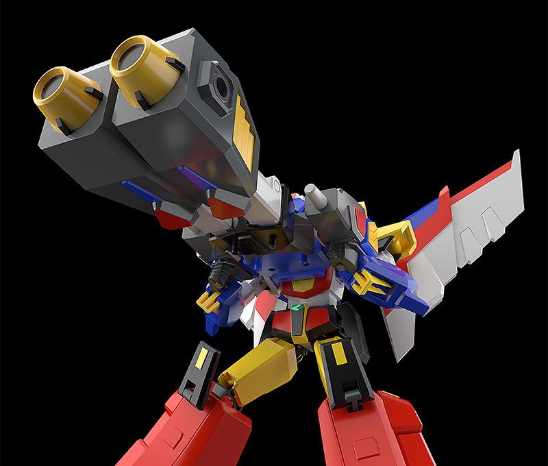 Low-angle action shot showcasing the separately sold MODEROID Ganbaruger combining with Revolger in its giant RevolBuster cannon mode.