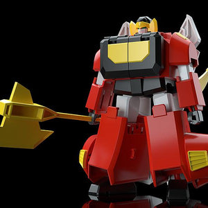 Heavy armor humanoid Fighter Mode of the King Elephant robot from the MODEROID Ganbaruger kit holding a golden axe.