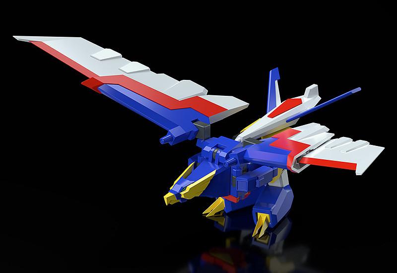 The Mach Eagle mecha from the MODEROID Ganbaruger plastic model kit transformed into its blue robotic eagle Animal Mode with wings spread.