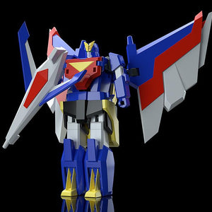 Winged humanoid Fighter Mode of the Mach Eagle robot from the MODEROID Ganbaruger model kit holding a shield.