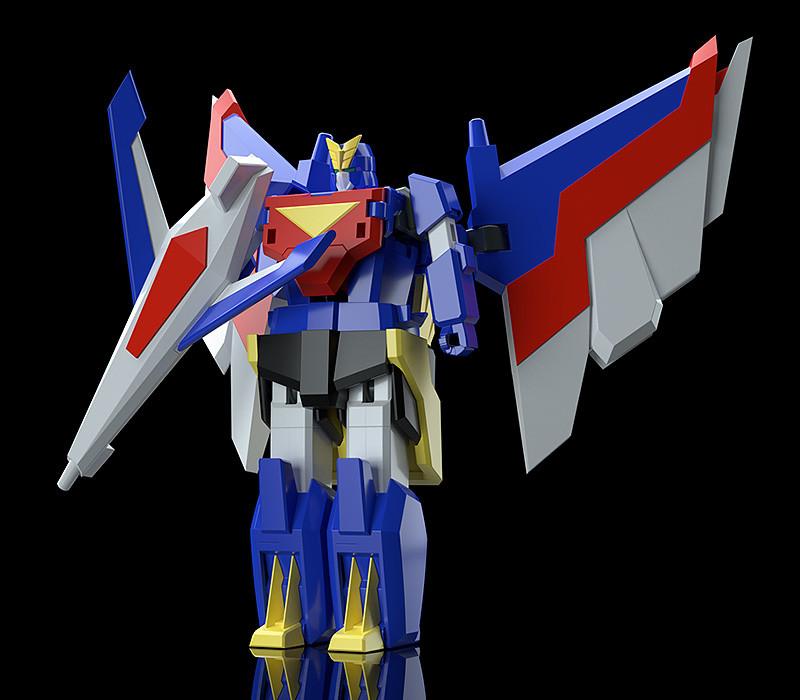 Winged humanoid Fighter Mode of the Mach Eagle robot from the MODEROID Ganbaruger model kit holding a shield.