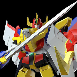 Close-up view of the head crest, lion-headed chest, sword, and elephant shield details of the MODEROID Ganbaruger model kit.