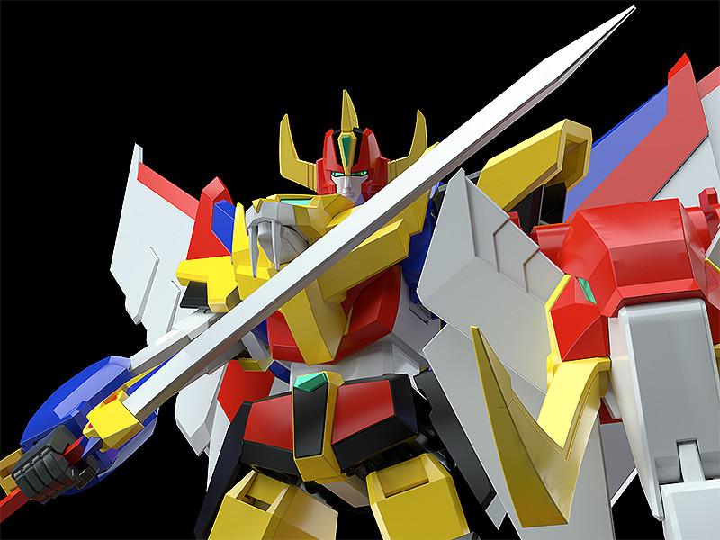 Close-up view of the head crest, lion-headed chest, sword, and elephant shield details of the MODEROID Ganbaruger model kit.
