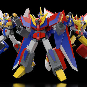 Group display lineup featuring all three individual mecha model kitsÑGanbaruger, Revolger, and GekiryugerÑflying forward in unison.