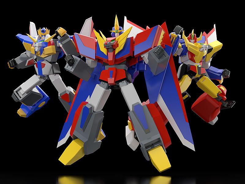 Group display lineup featuring all three individual mecha model kitsÑGanbaruger, Revolger, and GekiryugerÑflying forward in unison.