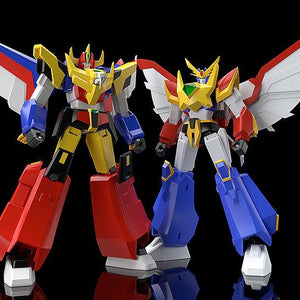 Side-by-side scale comparison shot of the MODEROID Ganbaruger combined robot model kit next to another transformable anime mecha model.