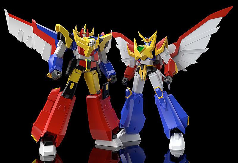 Side-by-side scale comparison shot of the MODEROID Ganbaruger combined robot model kit next to another transformable anime mecha model.