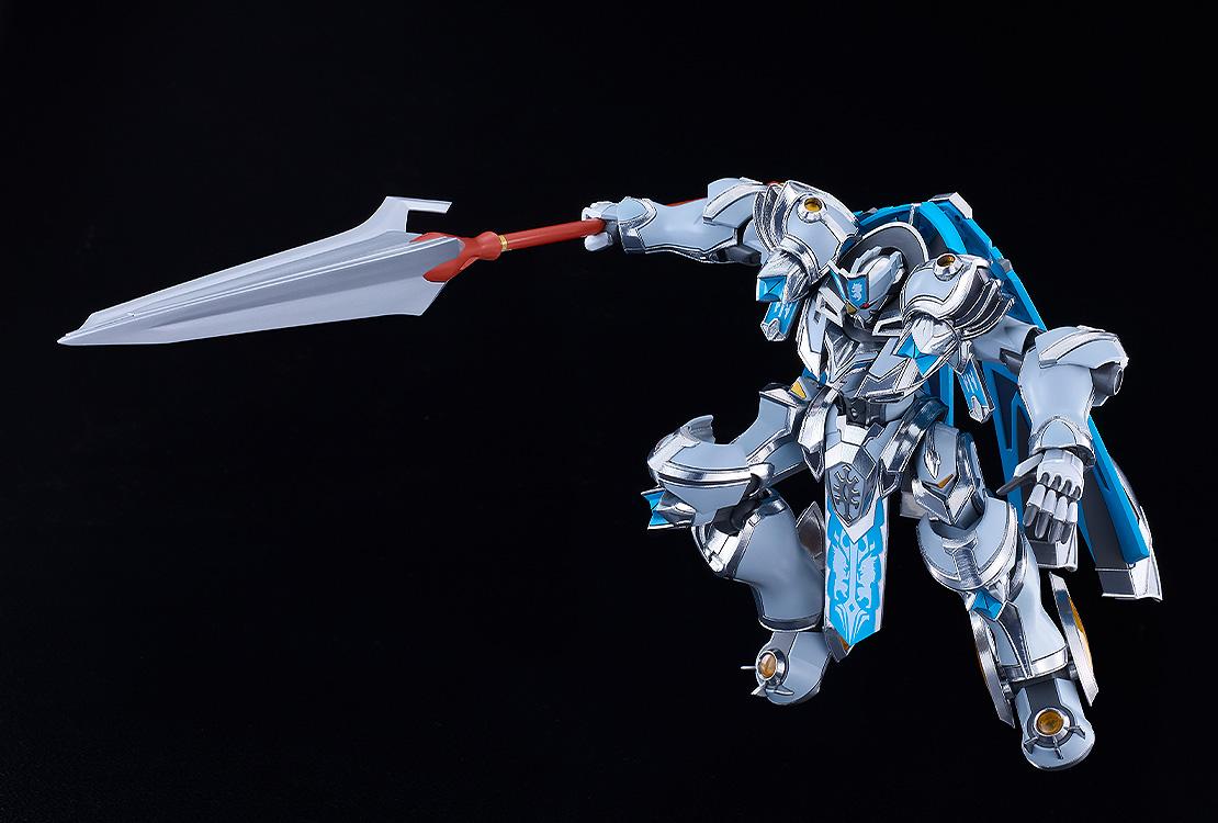 Moderoid Gilbatiga Royal Metallic Version in a dynamic airborne battle stance thrusting its large halberd forward.
