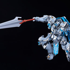 Moderoid Gilbatiga Royal Metallic Version in a dynamic airborne battle stance thrusting its large halberd forward.