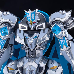 Close-up view of the Moderoid Gilbatiga Royal Metallic Version model kit highlighting the head sculpt, chest emblem, and metallic silver finish.