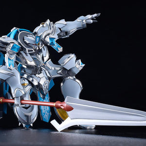 Knight's & Magic Gilbatiga model kit in a kneeling knight pose with the halberd resting horizontally along the floor.