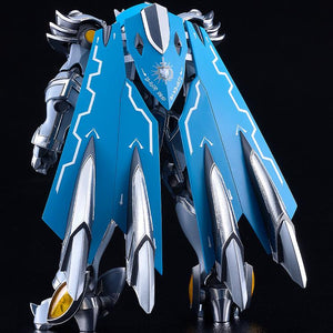 Rear view of the Moderoid Gilbatiga Royal Metallic Version showing the blue back cape binders, silver plated thrusters, and royal crest decals.