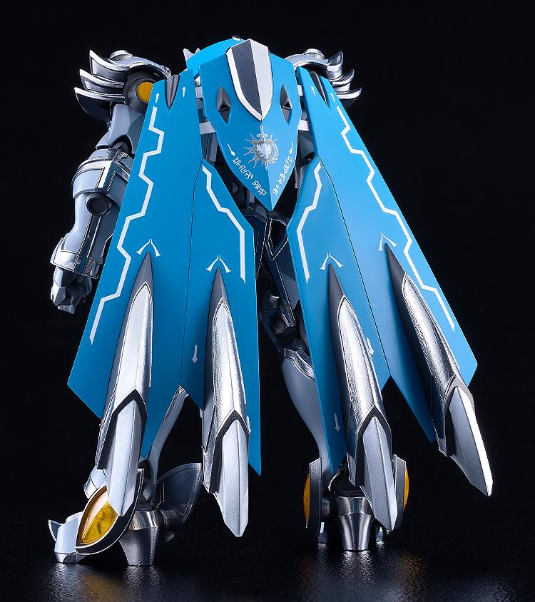 Rear view of the Moderoid Gilbatiga Royal Metallic Version showing the blue back cape binders, silver plated thrusters, and royal crest decals.