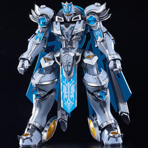Front view standing hero pose of the Moderoid Gilbatiga Royal Metallic Version model kit with clenched fists on a black background.