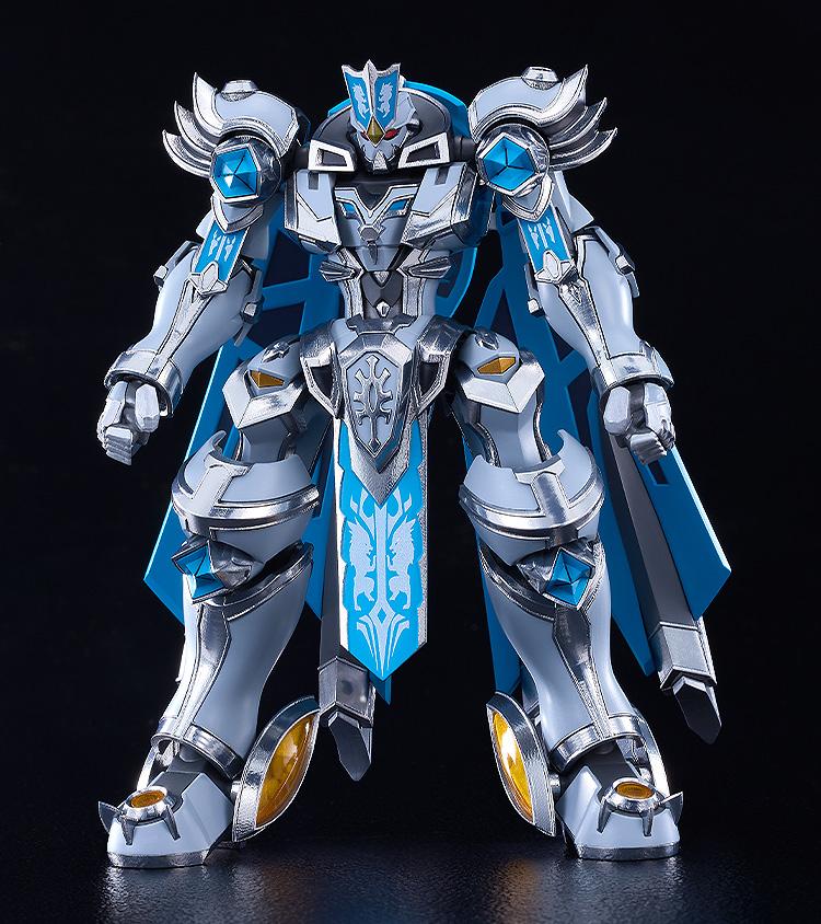 Front view standing hero pose of the Moderoid Gilbatiga Royal Metallic Version model kit with clenched fists on a black background.