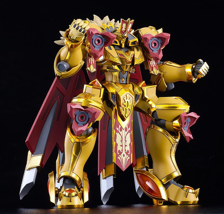 Moderoid Goldleo Royal Metallic Version model kit displaying the Blast Howling Madou Armament with deployed chest and knee cannons.