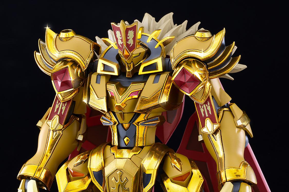 Close-up view of the Moderoid Goldleo Royal Metallic Version highlighting the lion-themed head sculpt, golden chestplate, and shoulder armor.